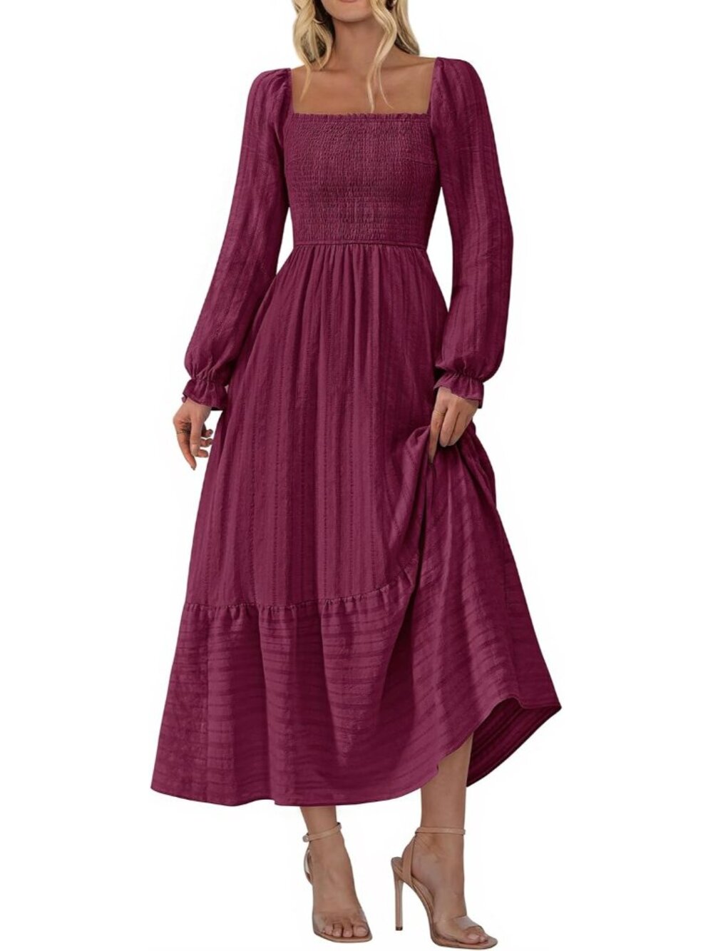 Women's Wine Red Square Neck 2026 Long Sleeve Boho Wedding Guest Maxi Dresses
